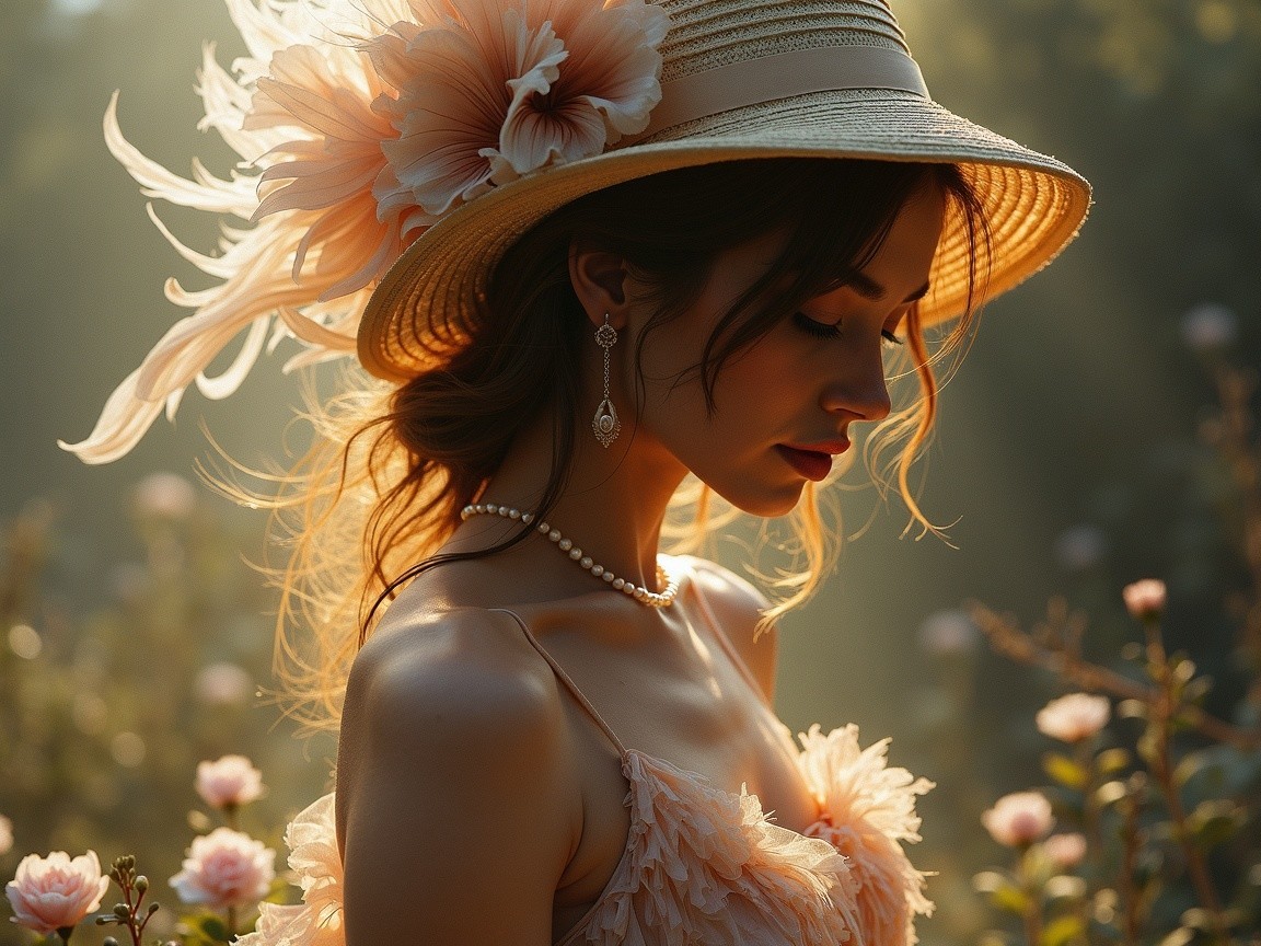 Elegant Woman in Sunlit Garden with Roses and Hat