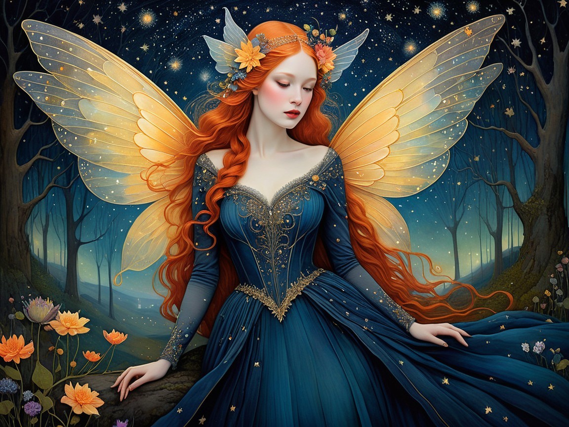 Fairy with Red Hair in Enchanted Forest Setting