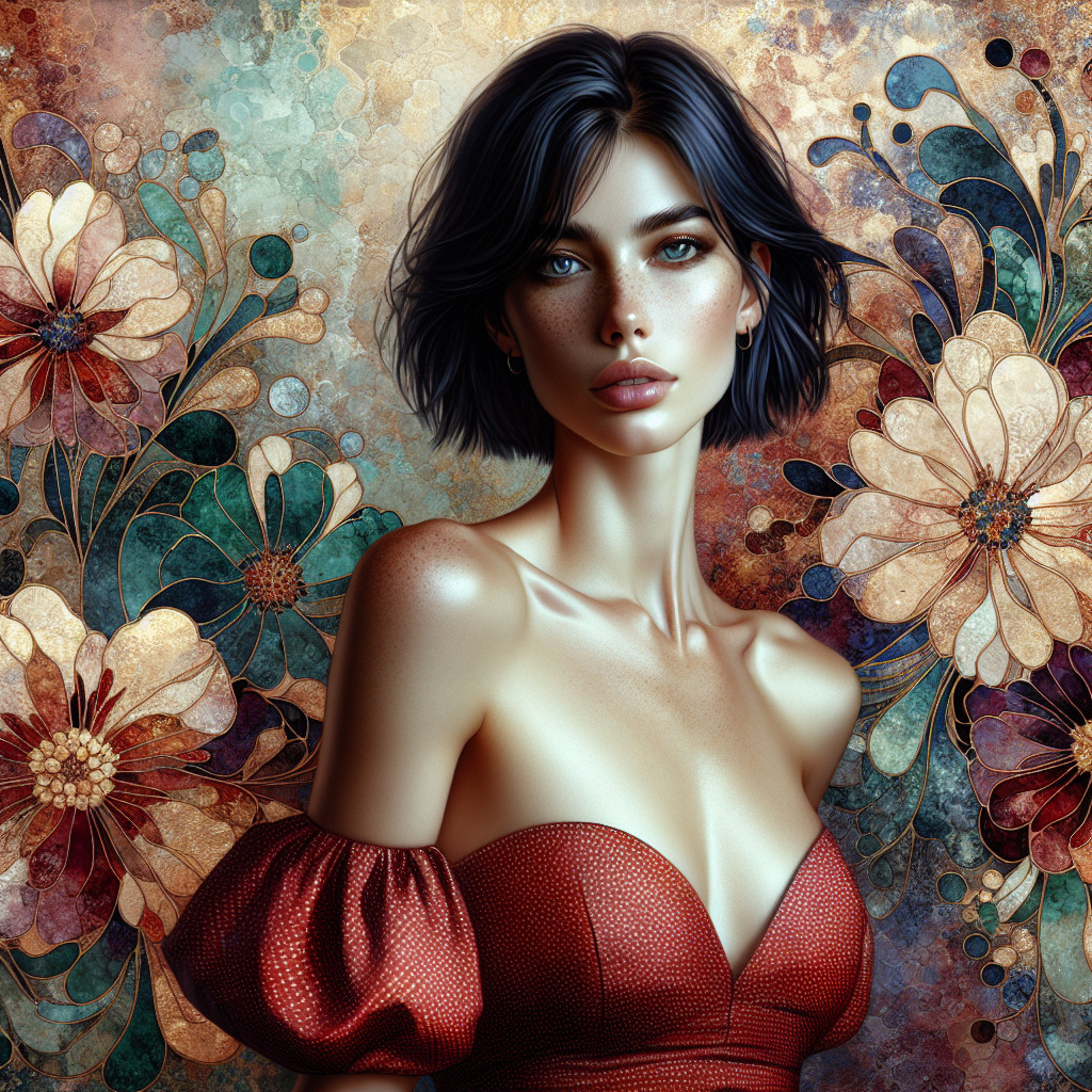 Portrait of a Woman in Red Dress with Floral Background