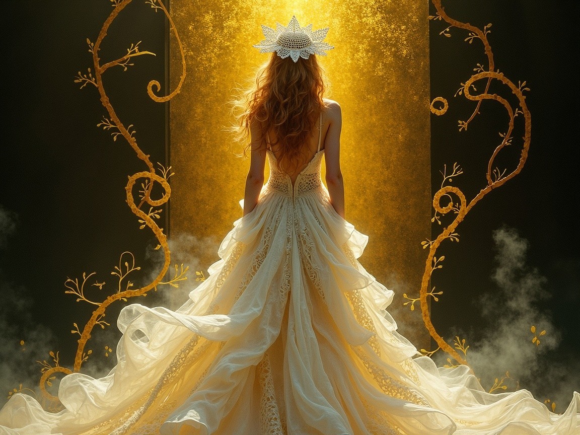 Elegant Figure in Flowing White Gown with Floral Crown