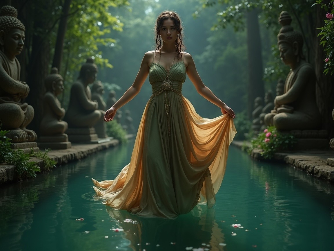 Elegant woman in gown by tranquil garden pool