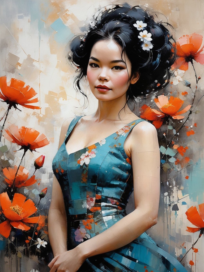 Elegant Woman in Teal Dress Among Orange Blossoms