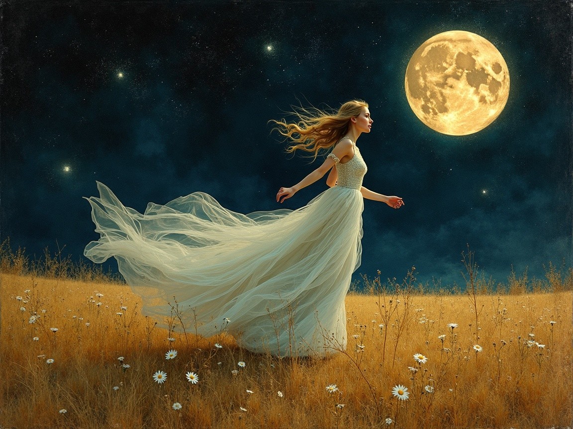 Young woman in white gown dances in moonlit field