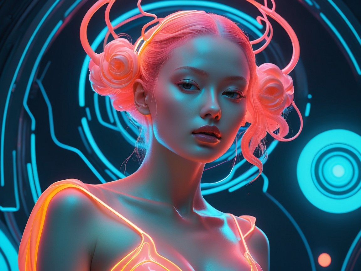 Futuristic portrait of a woman with glowing pink hair