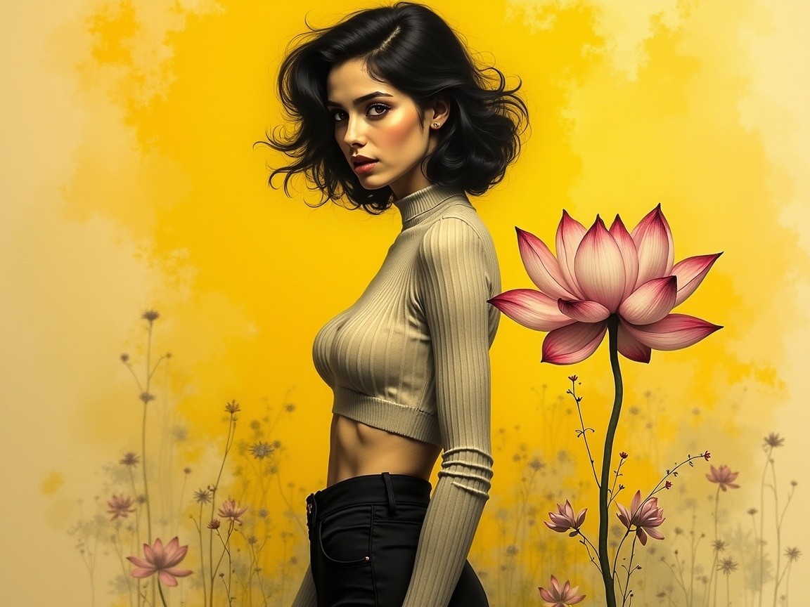 Young woman in beige top with lotus flower backdrop