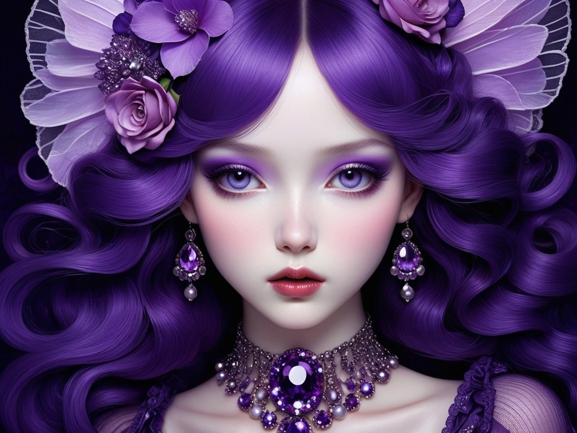 Portrait of a Young Woman with Purple Hair and Flowers