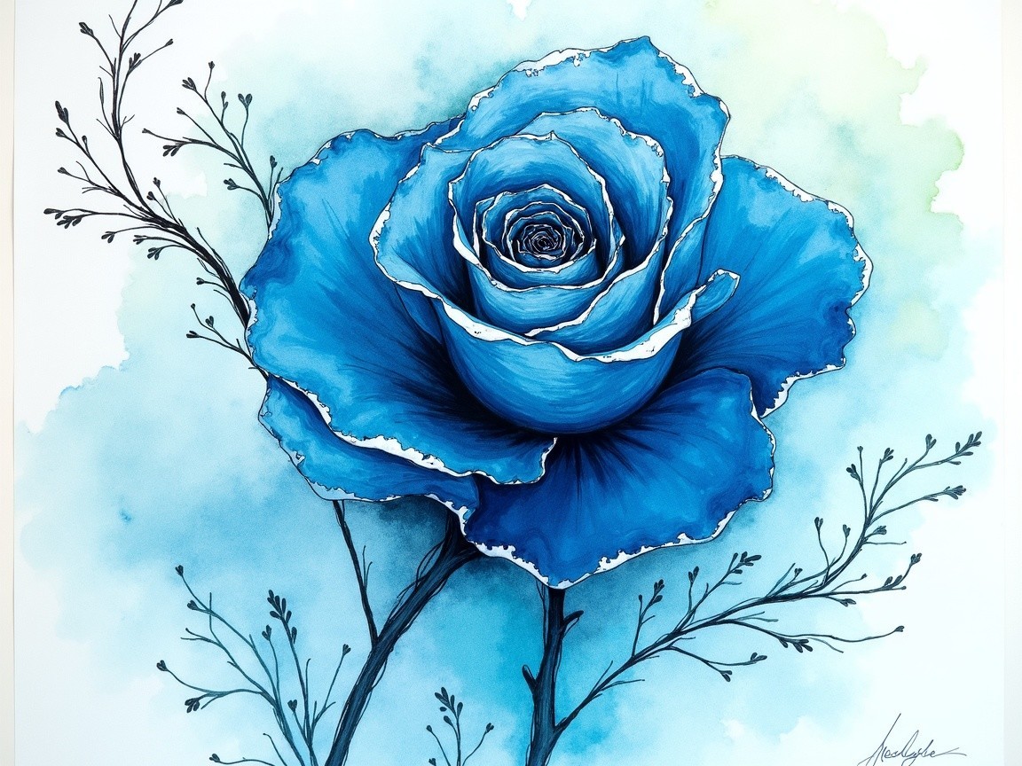 Vibrant Blue Rose Surrounded by Nature Elements