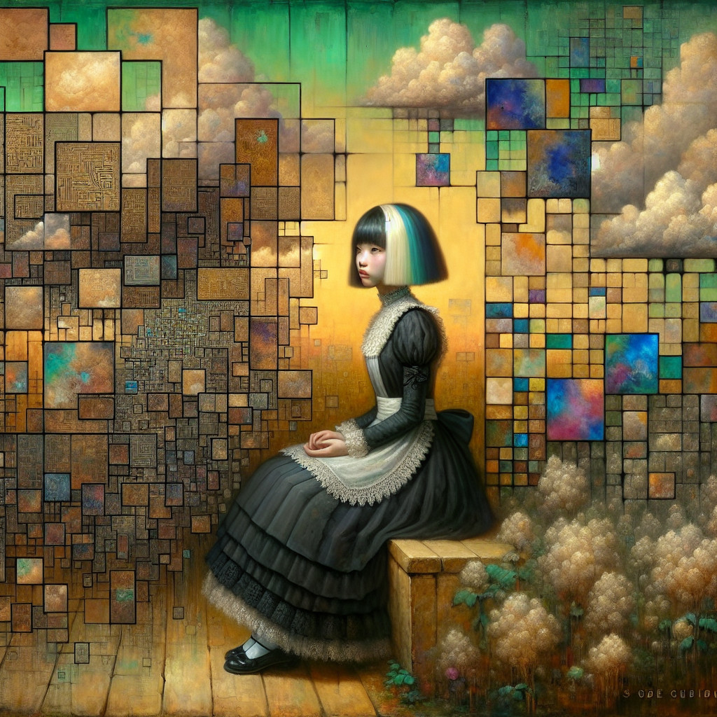 Young girl in vintage dress with abstract backdrop