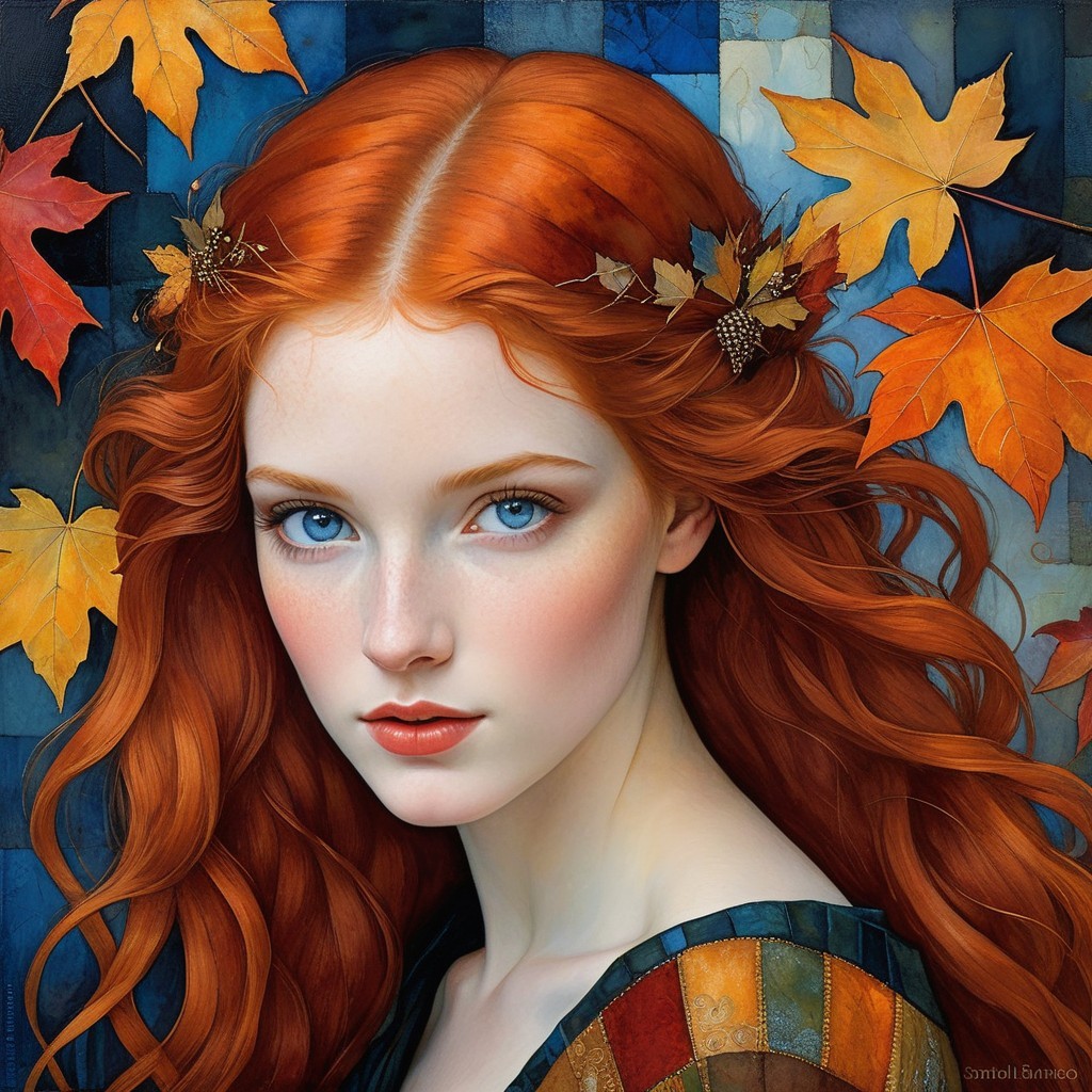Portrait of Young Woman with Red Hair and Blue Eyes