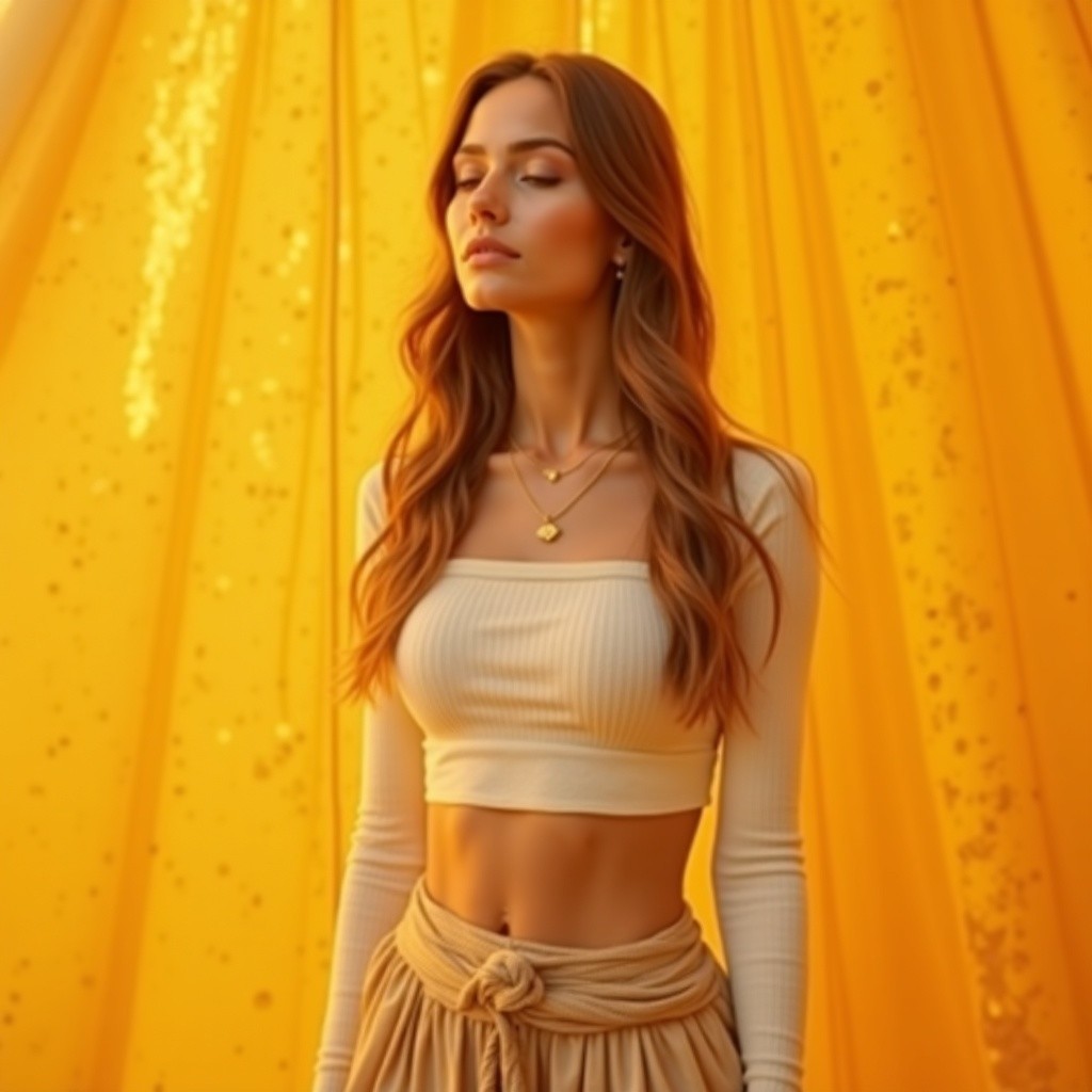 Young woman in white top against yellow backdrop
