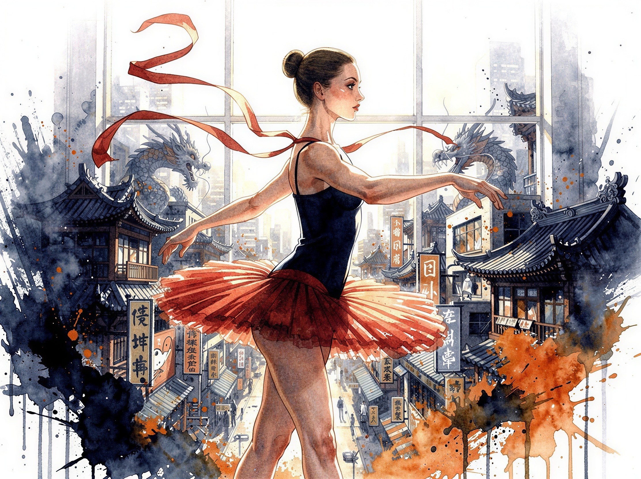 Watercolor Painting of Ballerina in Japanese Streetscape