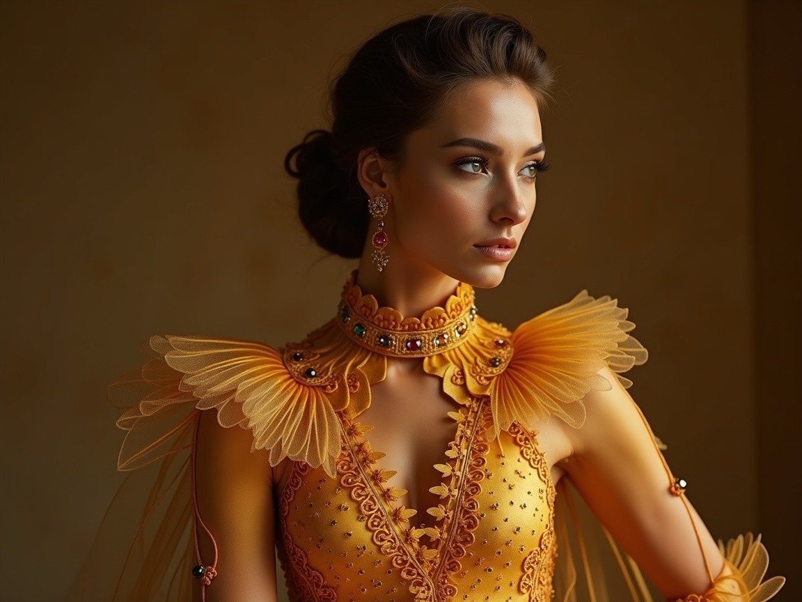 Elegant gown with intricate embroidery in vibrant orange
