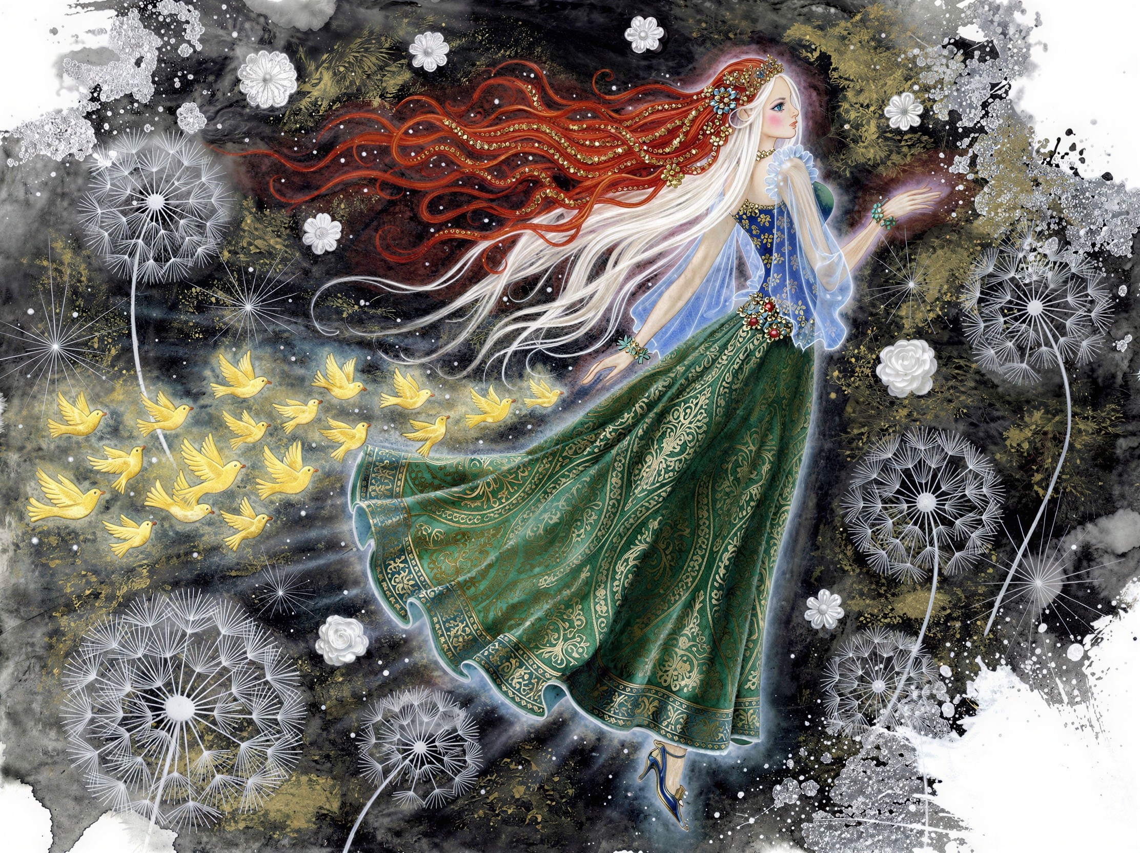 Colorful Painting of a Fairy-Like Woman Floating