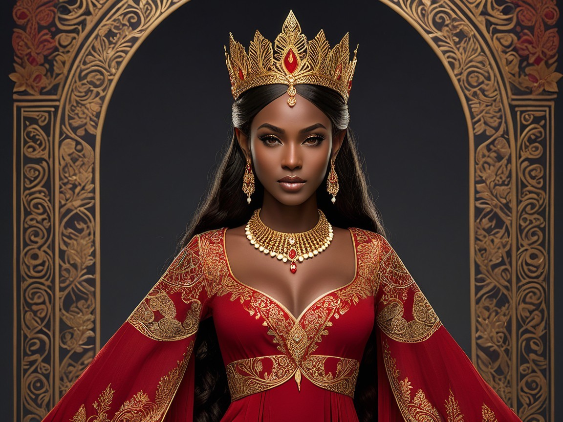Regal figure in red gown with gold patterns and crown