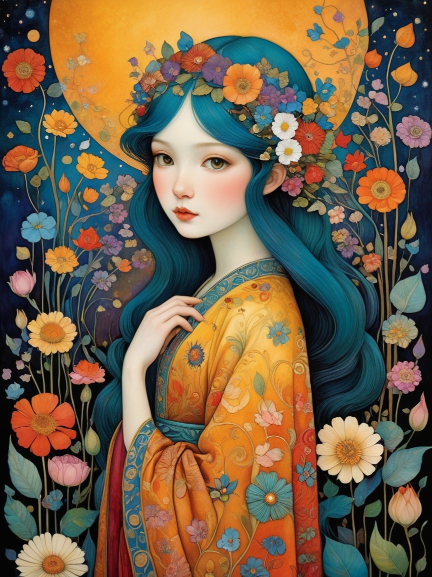 Young woman in golden kimono with teal hair and flowers