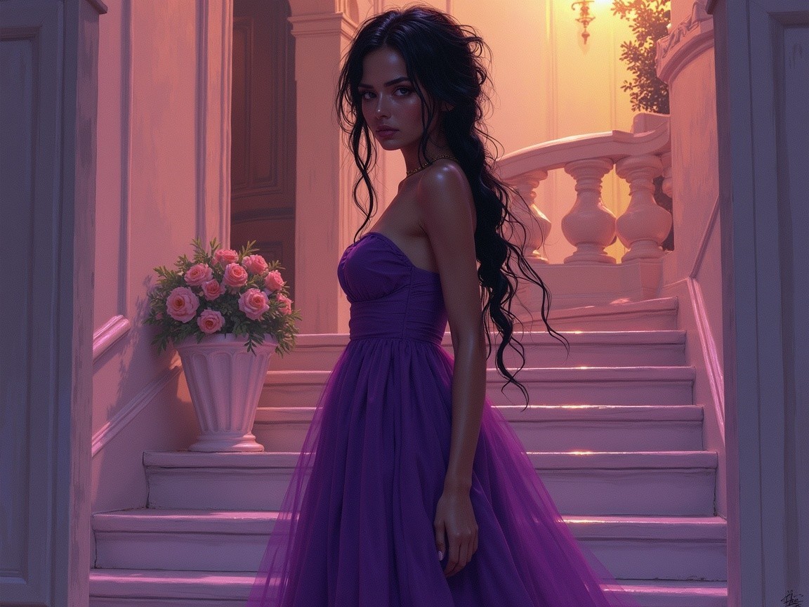 Young woman in purple gown on elegantly lit staircase