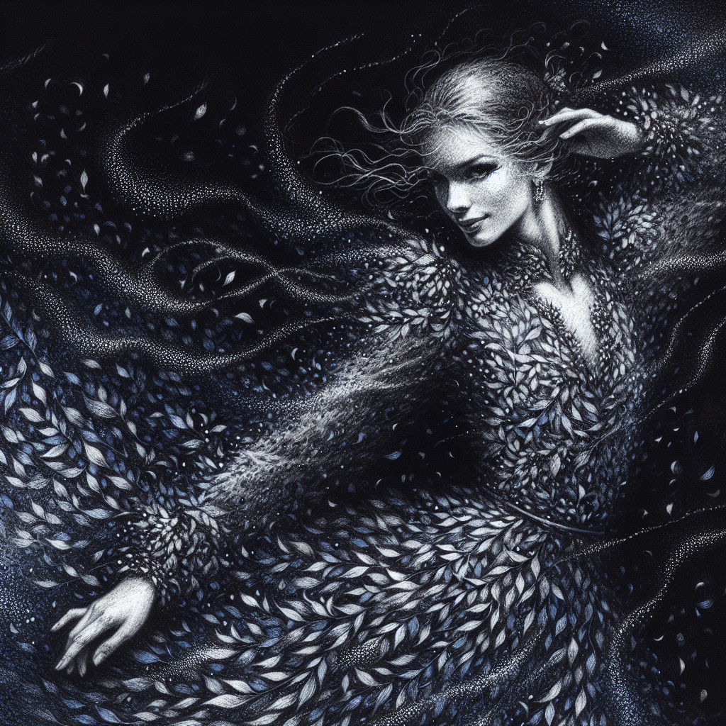 Elegant figure in leaf-patterned gown against dark backdrop