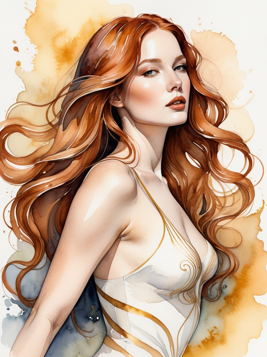 Watercolor Portrait of Woman with Red Hair and Elegance