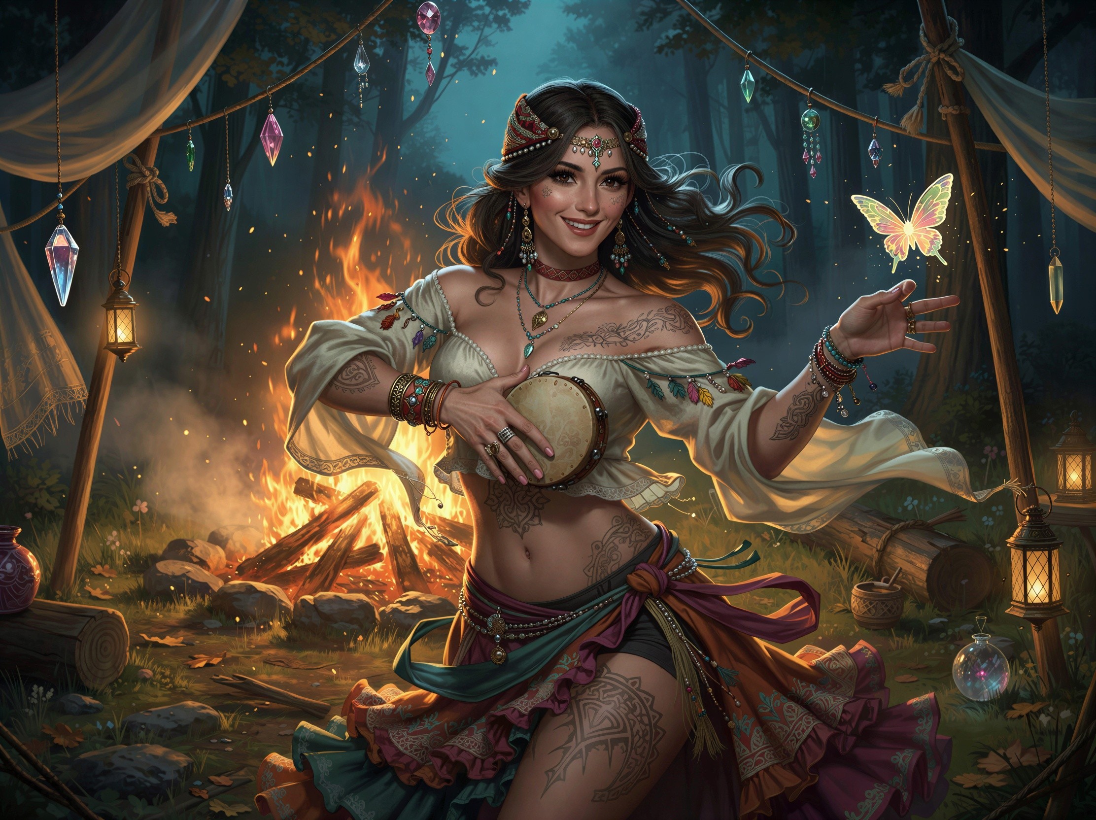 Digital Painting of a Joyful Gypsy Woman with Tambourine