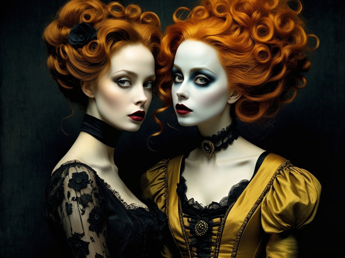 Two women in gothic fashion with red hair and gowns