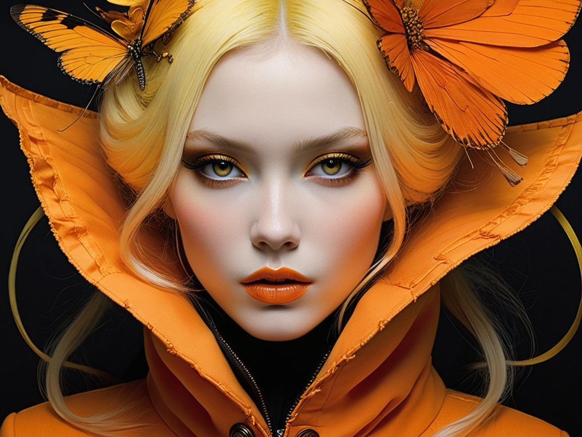 Portrait of a Woman with Platinum Hair and Orange Jacket