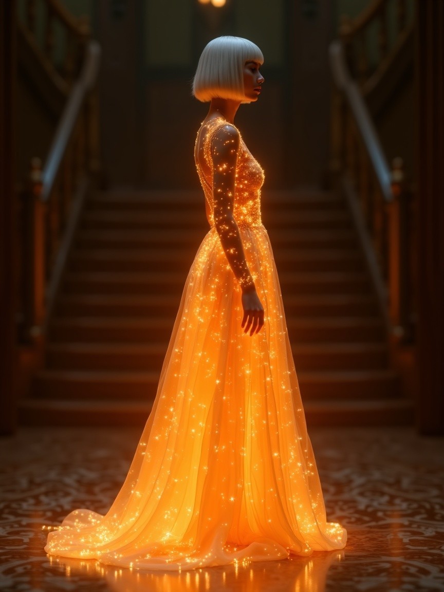 Elegant gown illuminated by soft, warm light