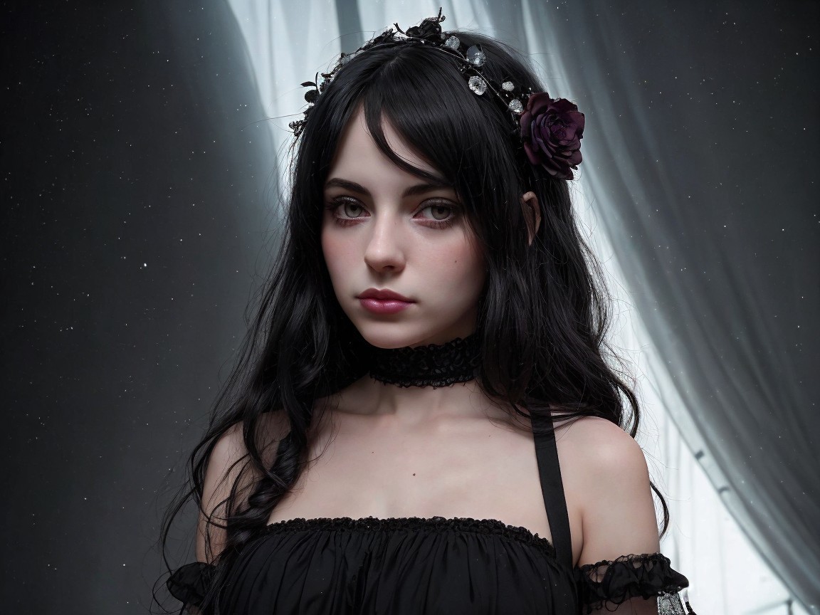 Young woman in floral headpiece and black dress