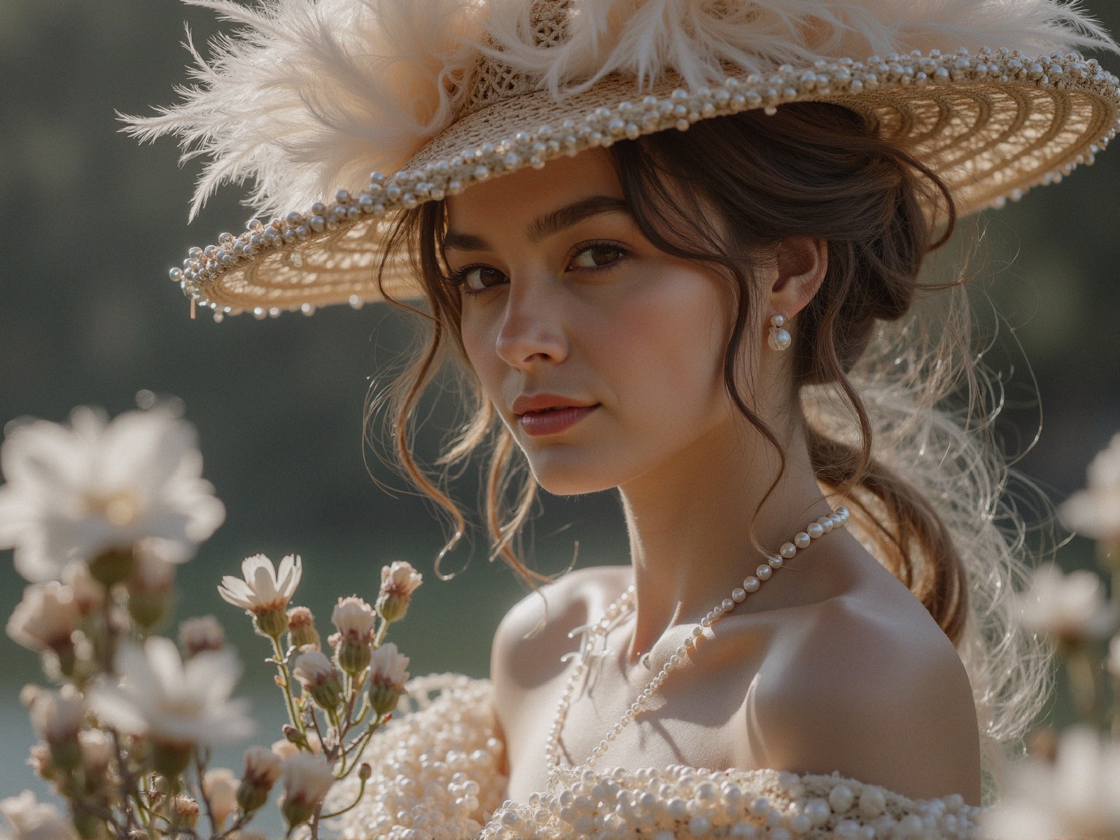 Young Woman in Elegant Outfit with Floral Accessories