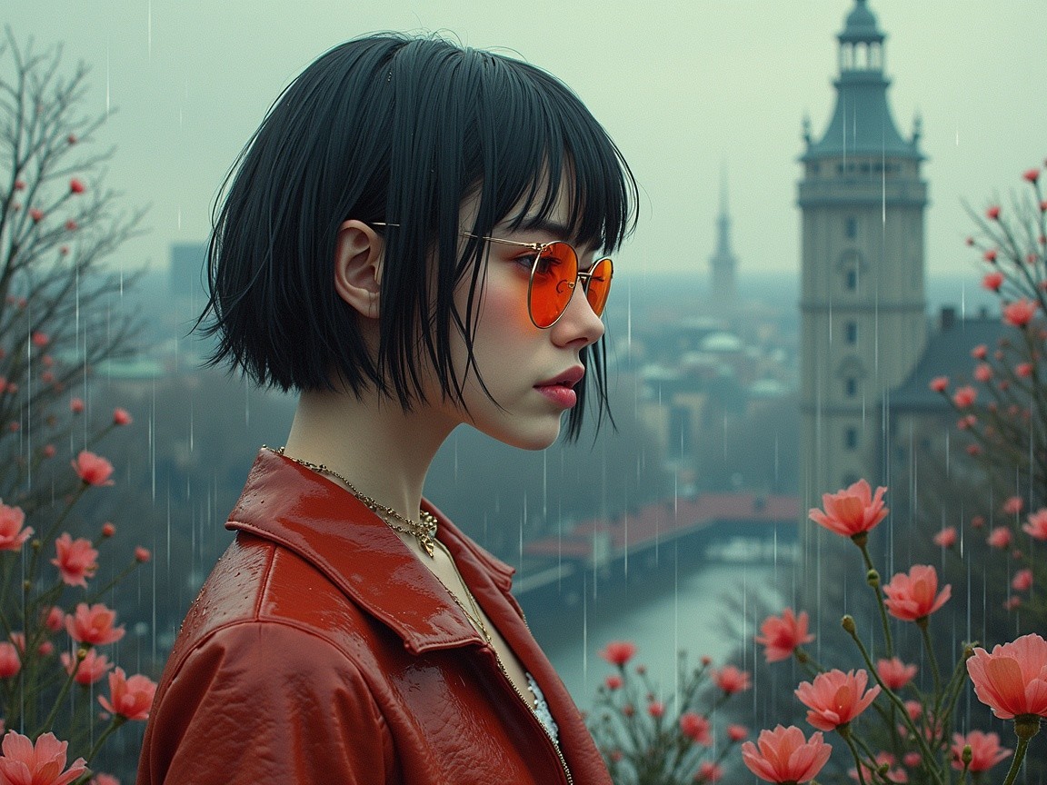 Young woman in red jacket with orange sunglasses in rain