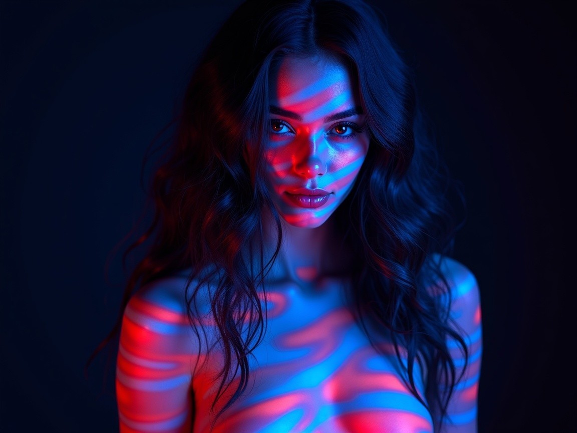 Portrait of a Young Woman in Vibrant Blue and Red Light
