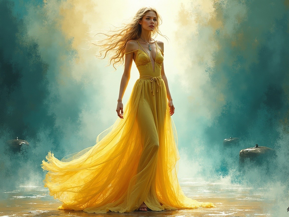 Young woman in yellow gown in misty landscape