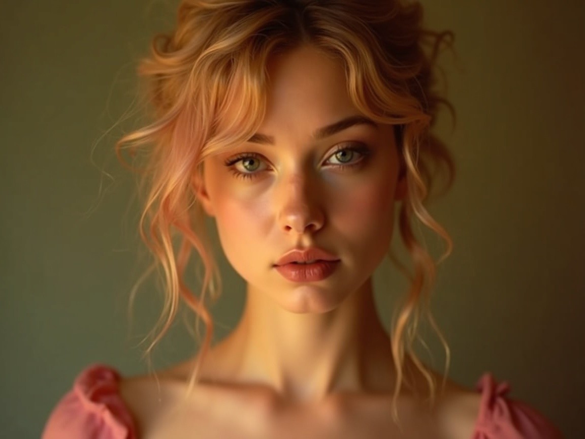 Portrait of a Young Woman with Wavy Pink-Highlighted Hair