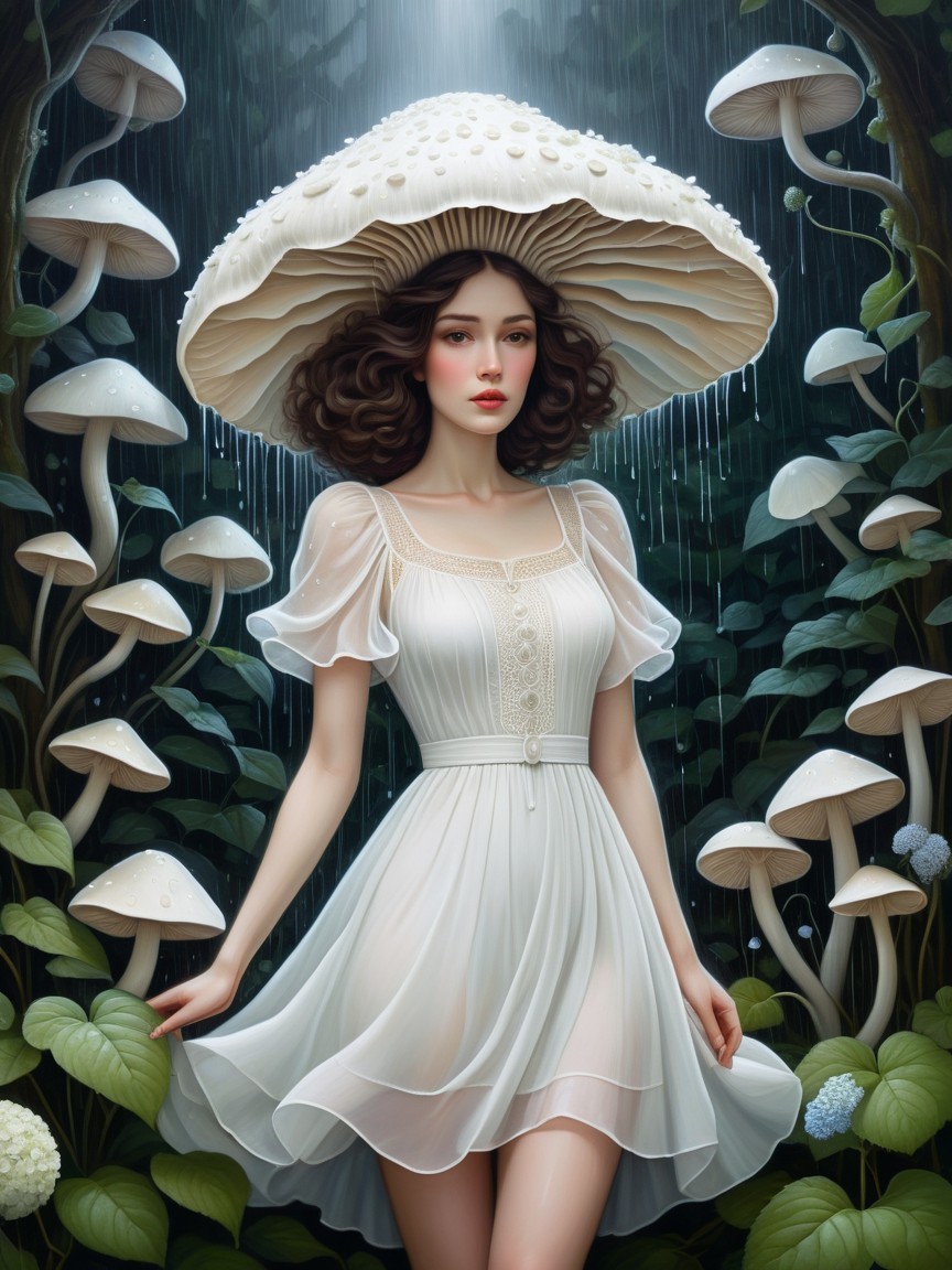 Young woman in white dress among giant mushrooms