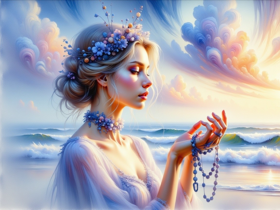 Serene Young Woman in Floral Crown by the Sea
