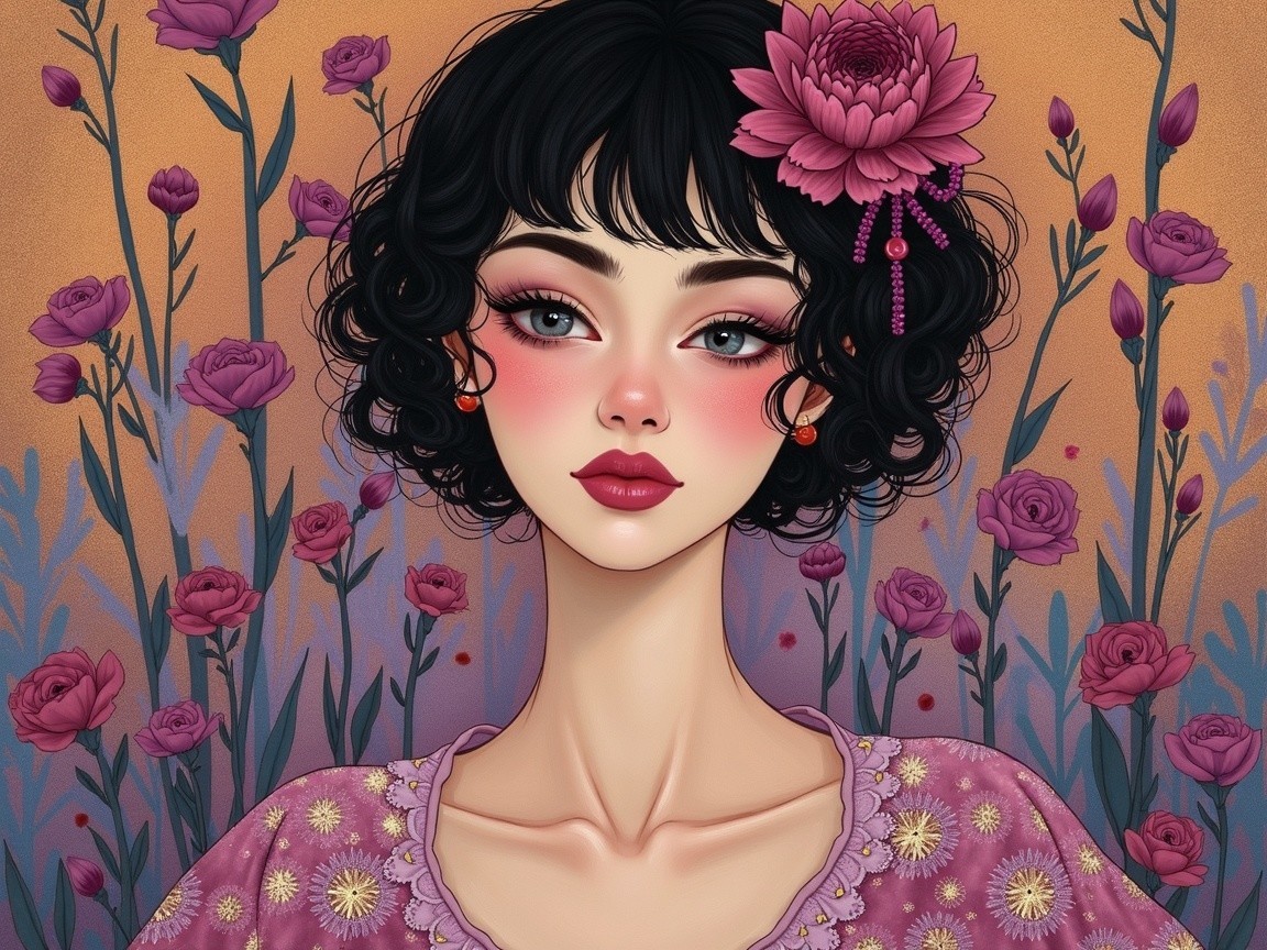 Stylized Portrait of a Woman with Floral Elements
