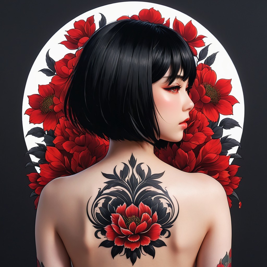 Young Woman with Floral Tattoo and Red Flowers