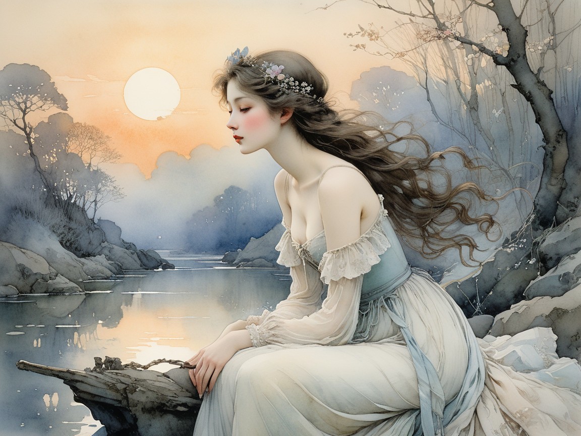 Young Woman by Tranquil River at Sunset