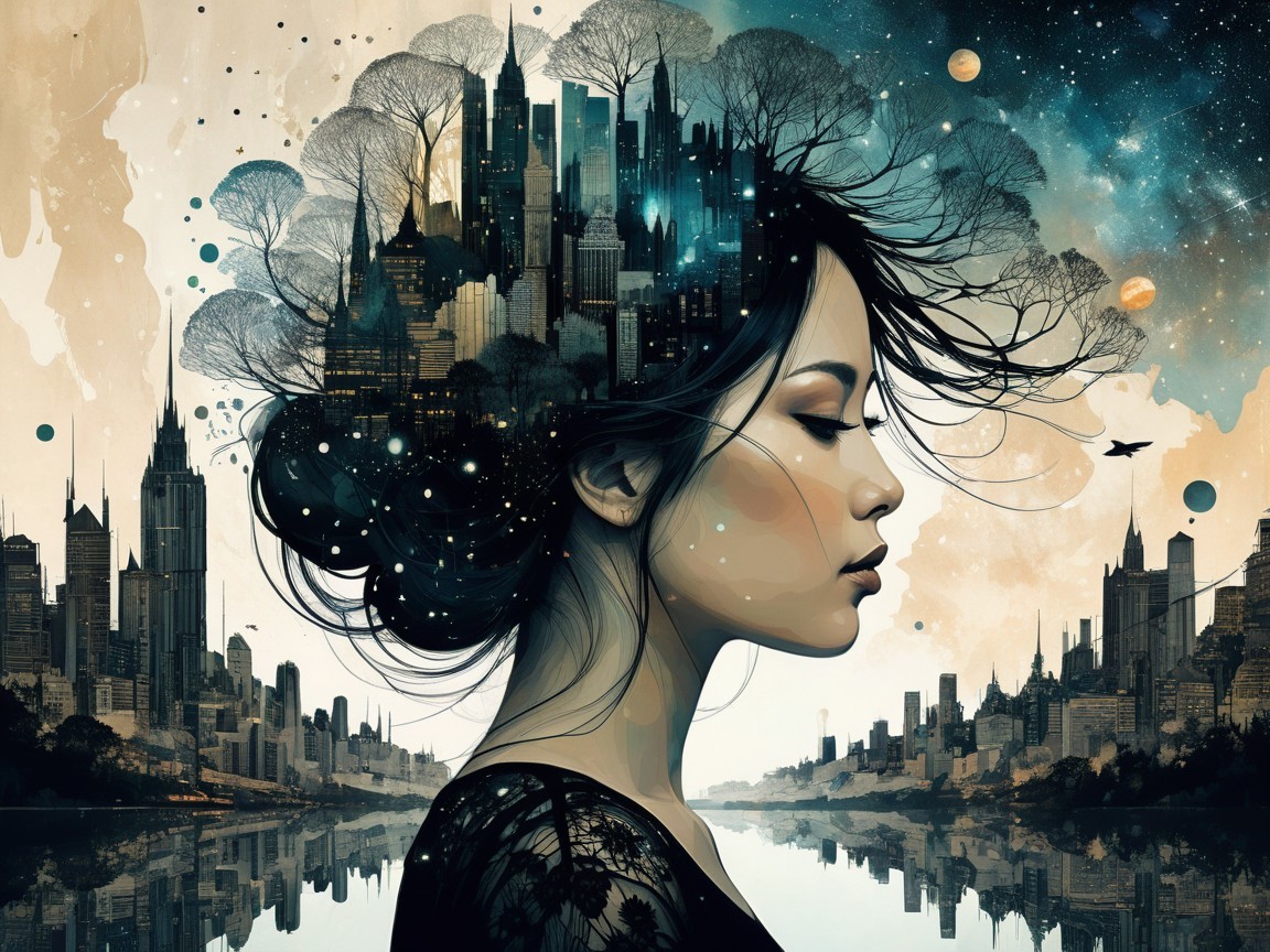 Woman in profile with surreal cityscape backdrop