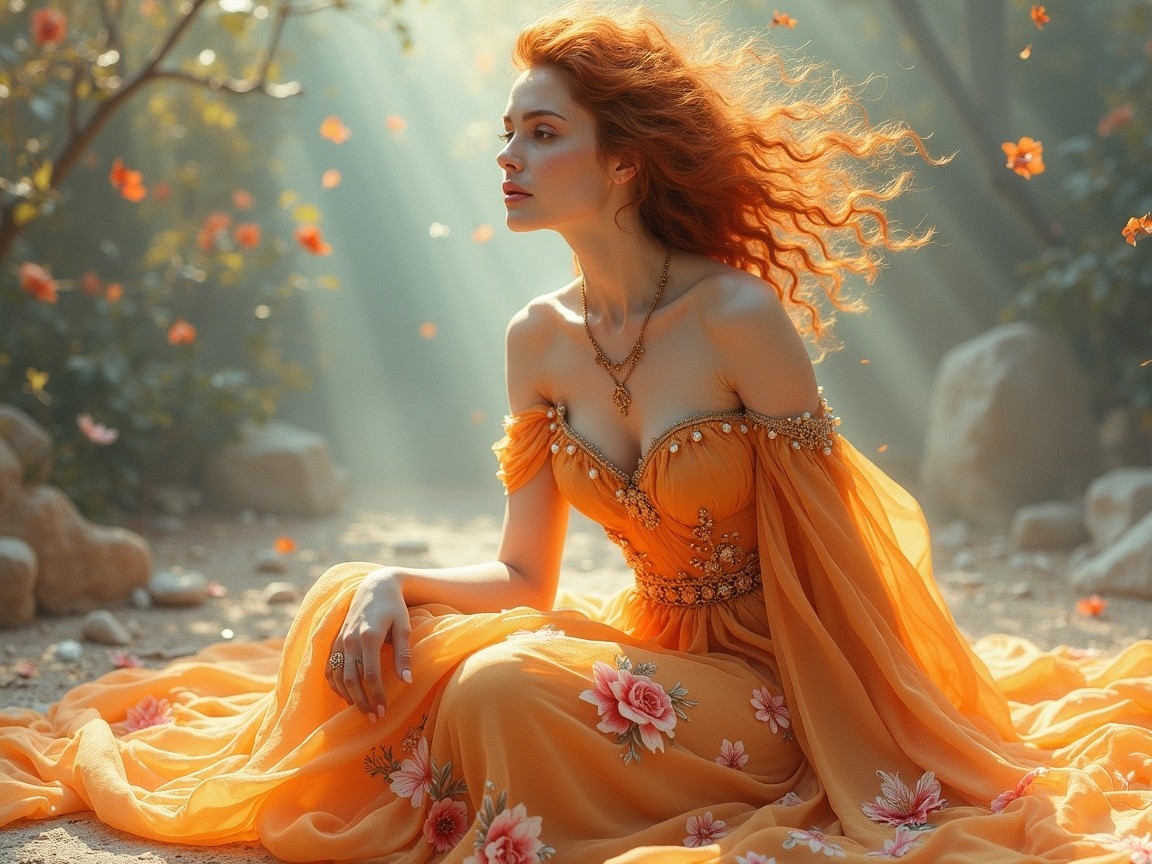 Young woman in yellow gown in sunlit forest setting