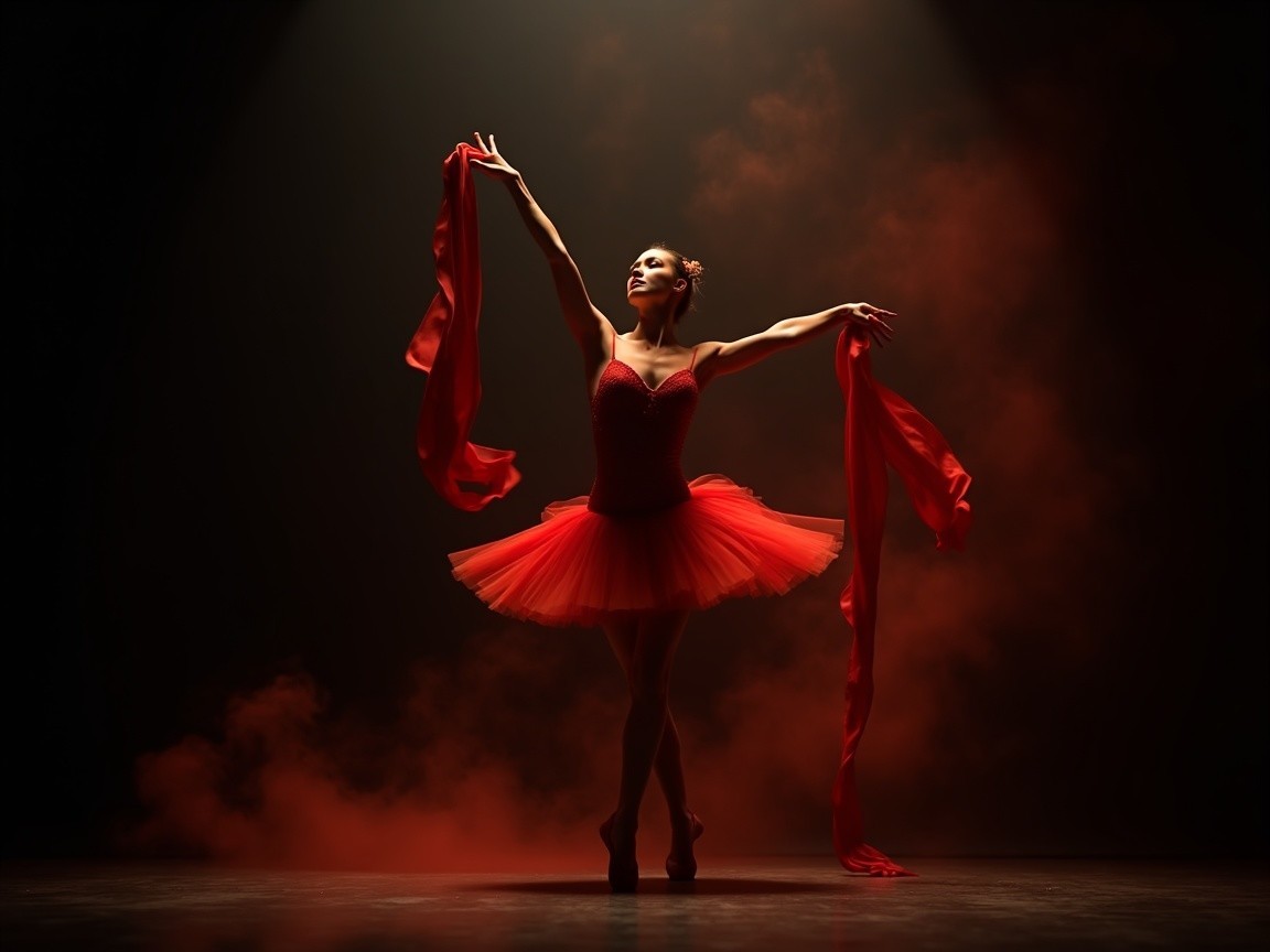 Ballet Dancer in Red Tutu Under Dramatic Lighting