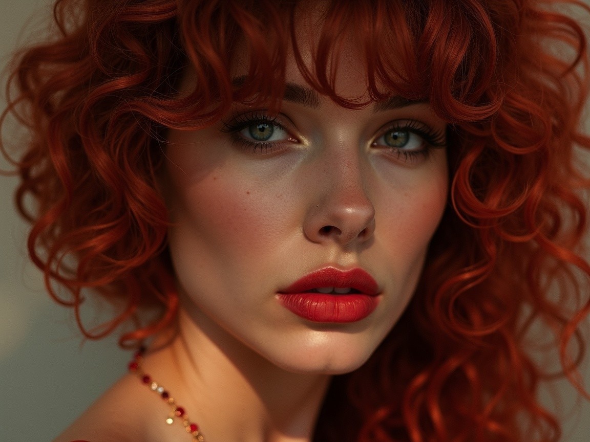 Portrait of a young woman with red hair and green eyes
