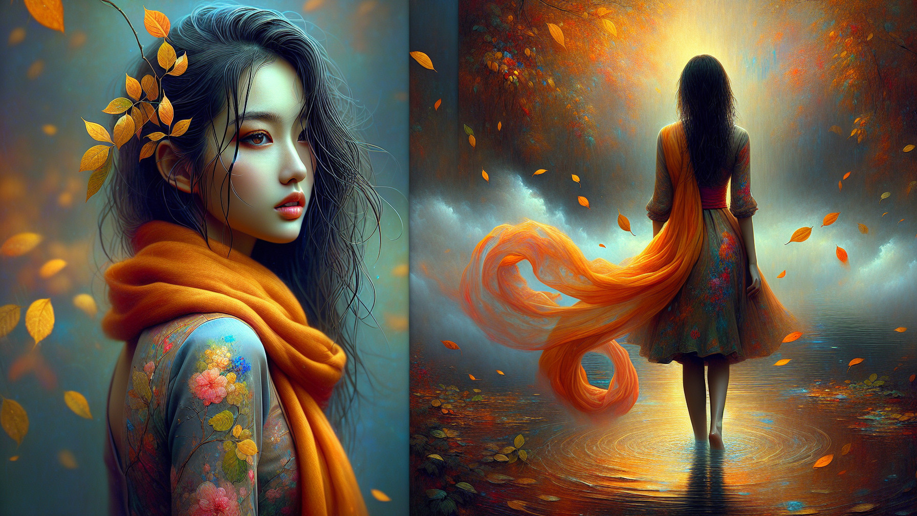 Young Woman by Water with Autumn Leaves and Light