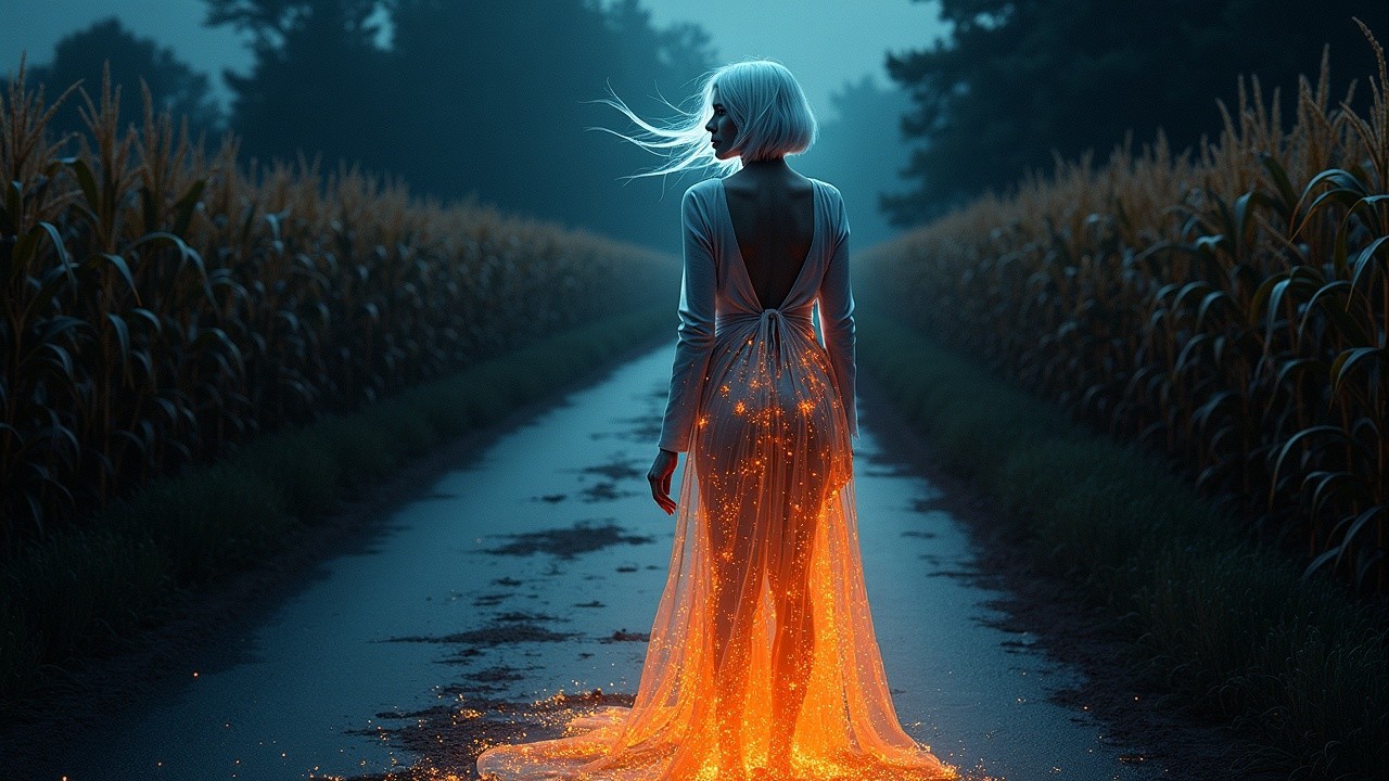 Misty Twilight Figure in Ethereal Gown at Cornfield