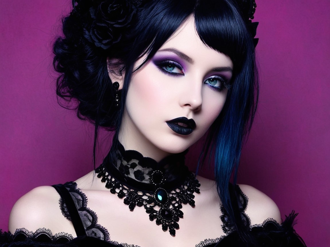 Gothic Elegance of a Young Woman with Roses and Makeup