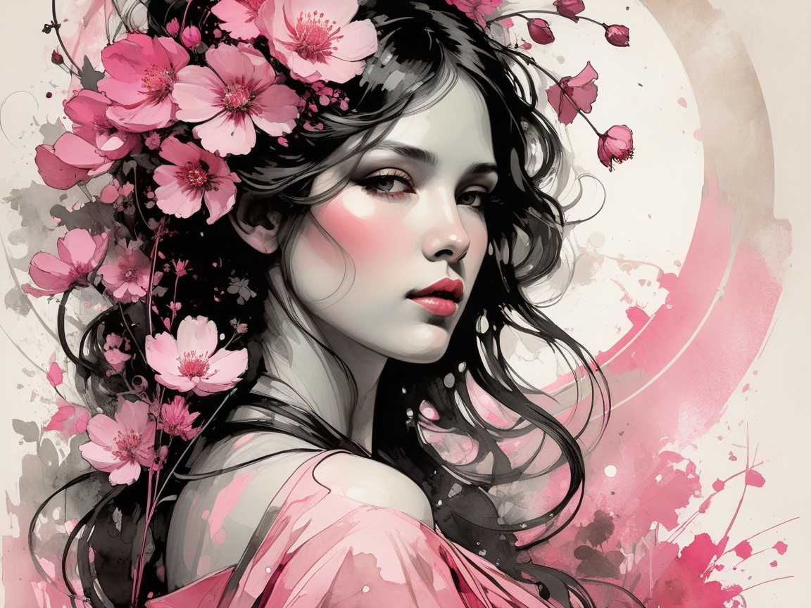 Portrait of a Woman with Pink Blossom Crown