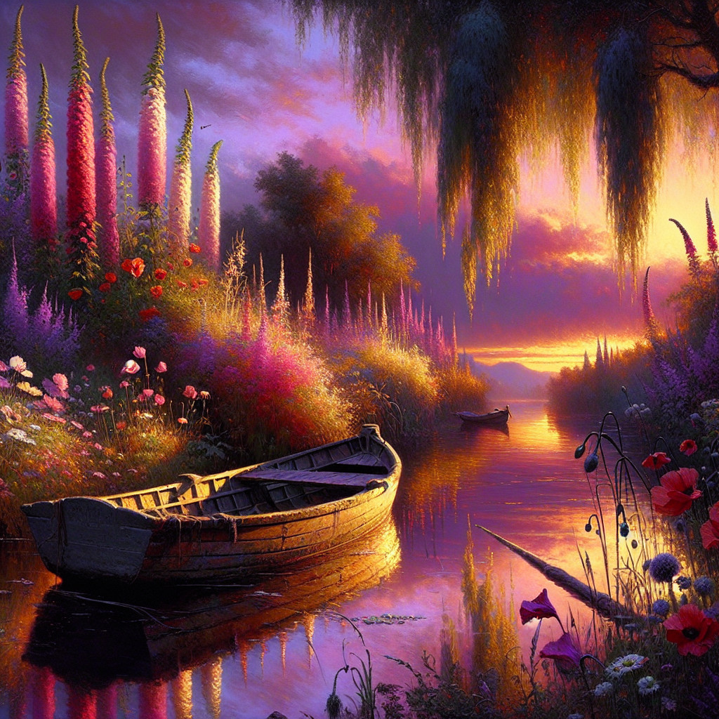 Serene River Scene at Sunset with Vibrant Flowers