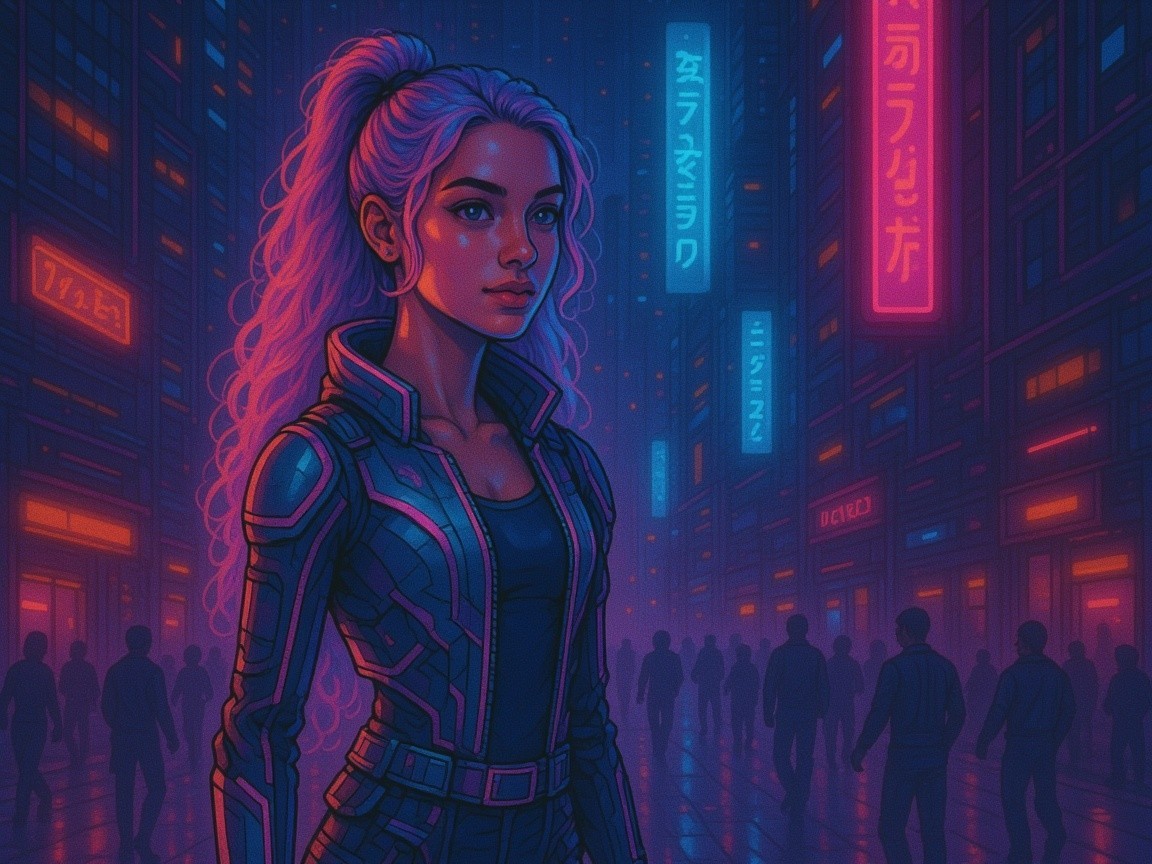 Futuristic cityscape with neon lights and a heroine