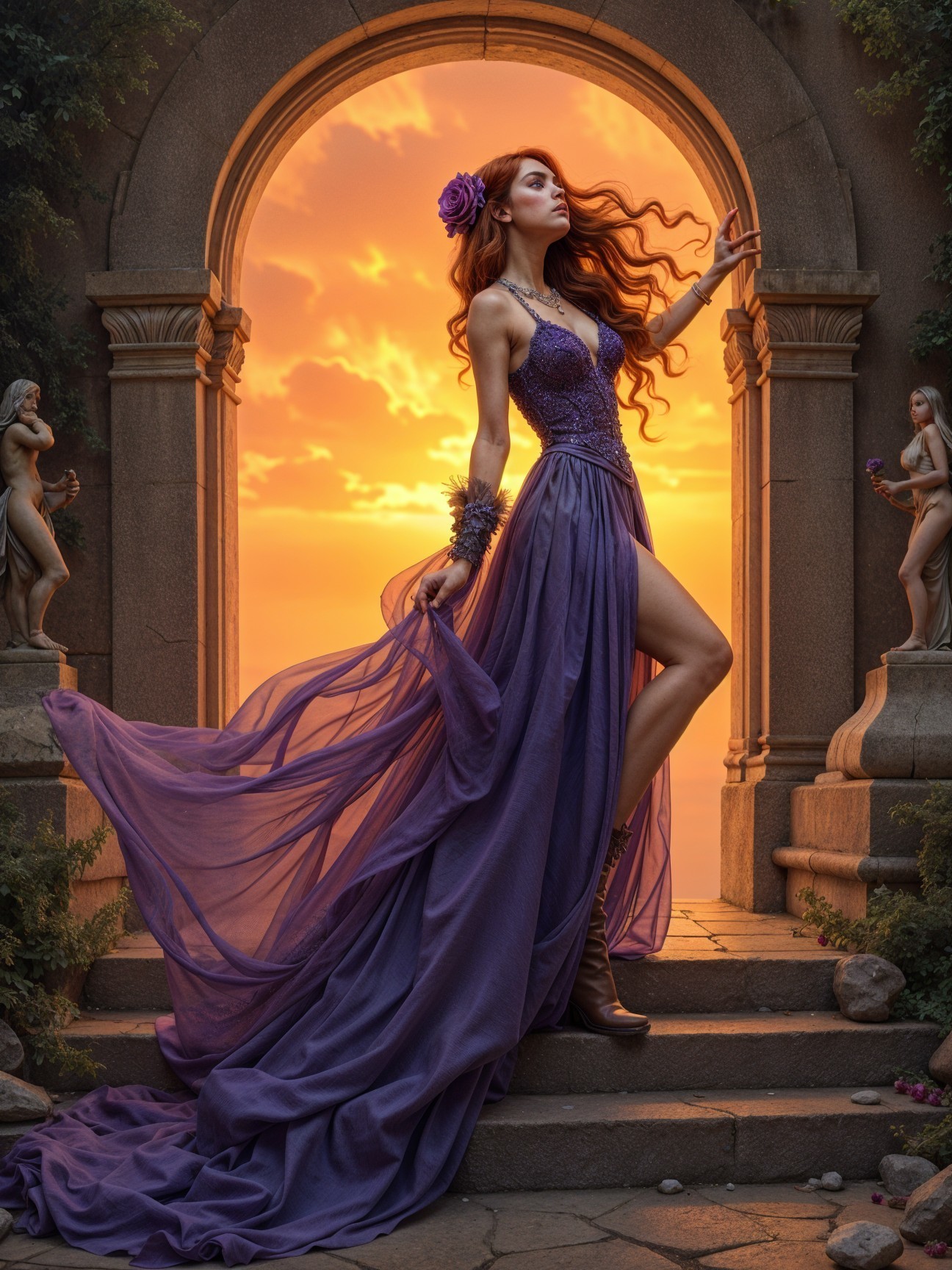 Graceful figure in purple gown against sunset backdrop