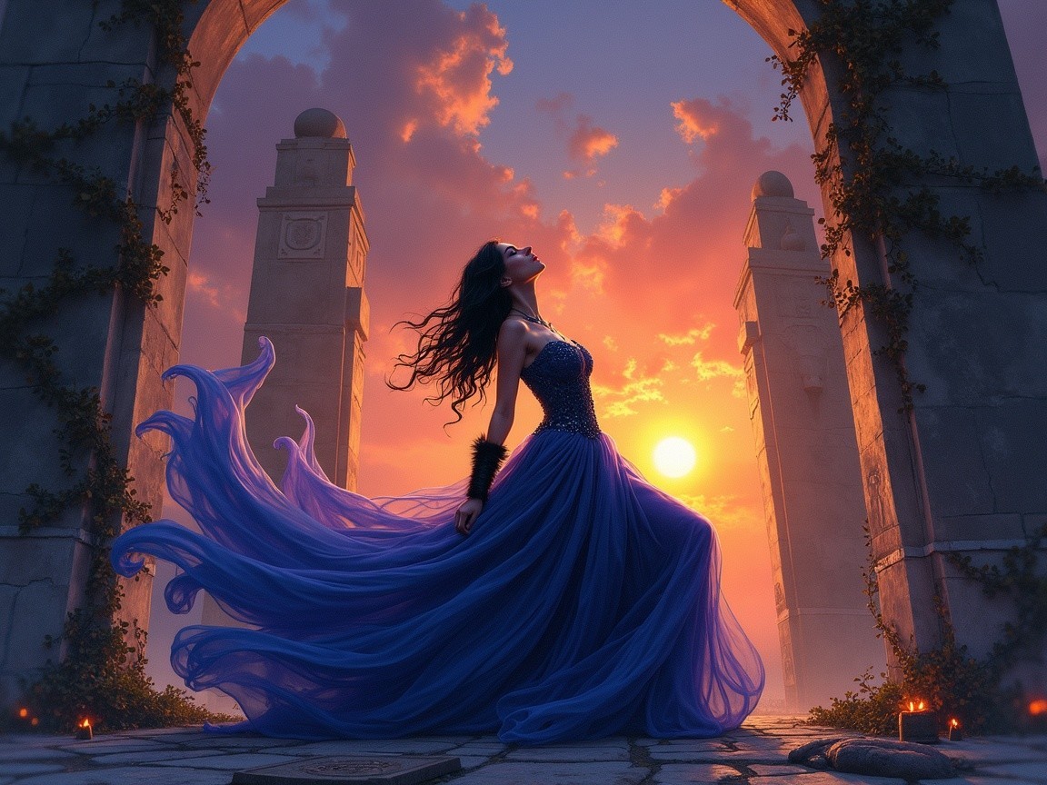 Silhouette of a figure in a blue gown at sunset