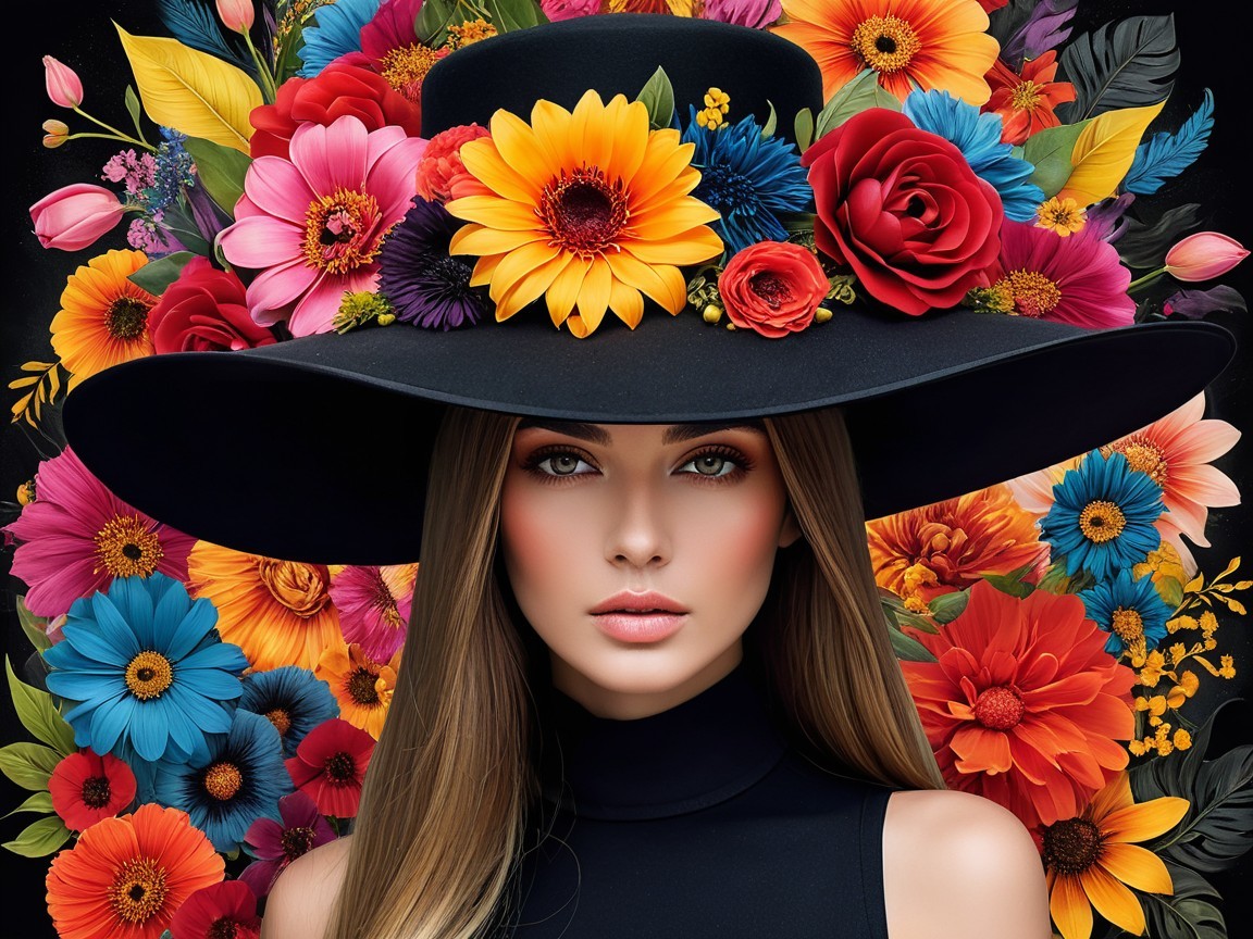 Elegant woman in black hat amidst vibrant flowers